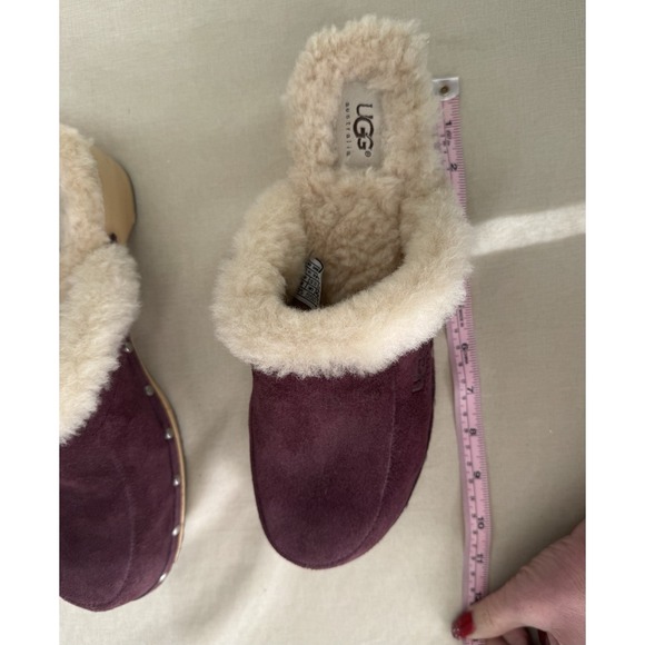 UGG Australia Shearling Clogs Womens 10 Plum Suede Wood Sole Slip On Fur Lined - Picture 6 of 16